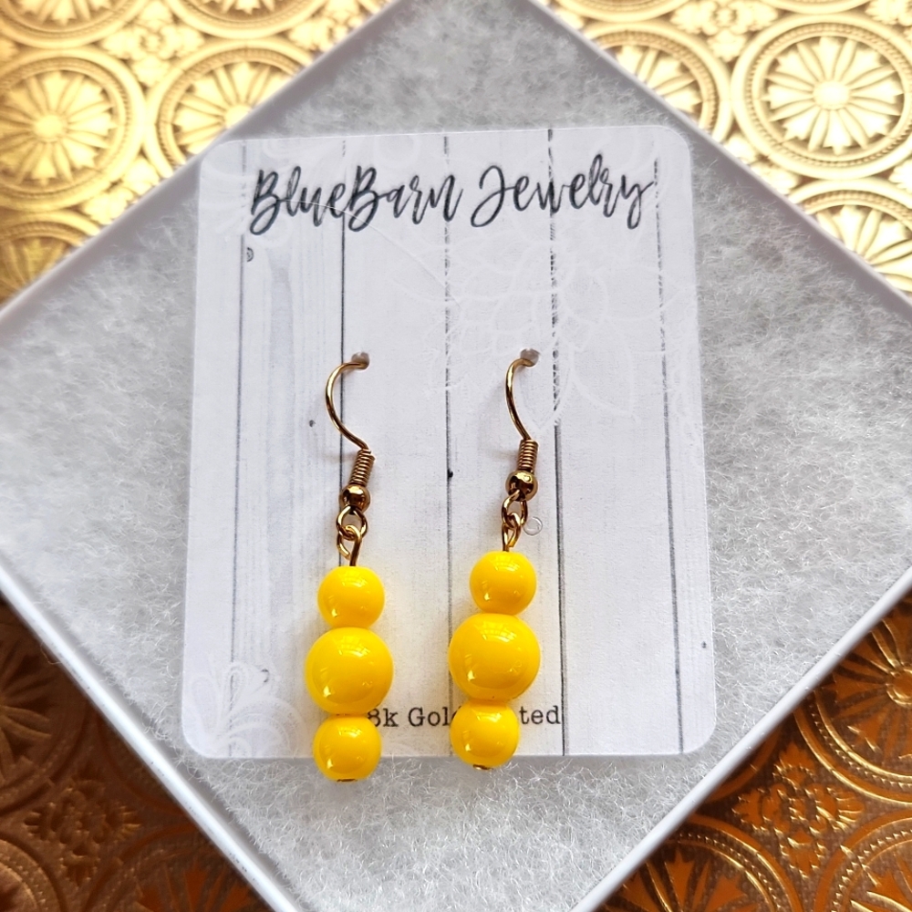 Handmade Yellow Glass Bead Earrings - 18k Gold Plated
